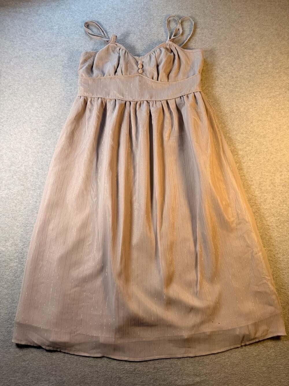 Tulle Women's Metallic Grey Shimmer Spaghetti Strap Empire Waist Midi Dress